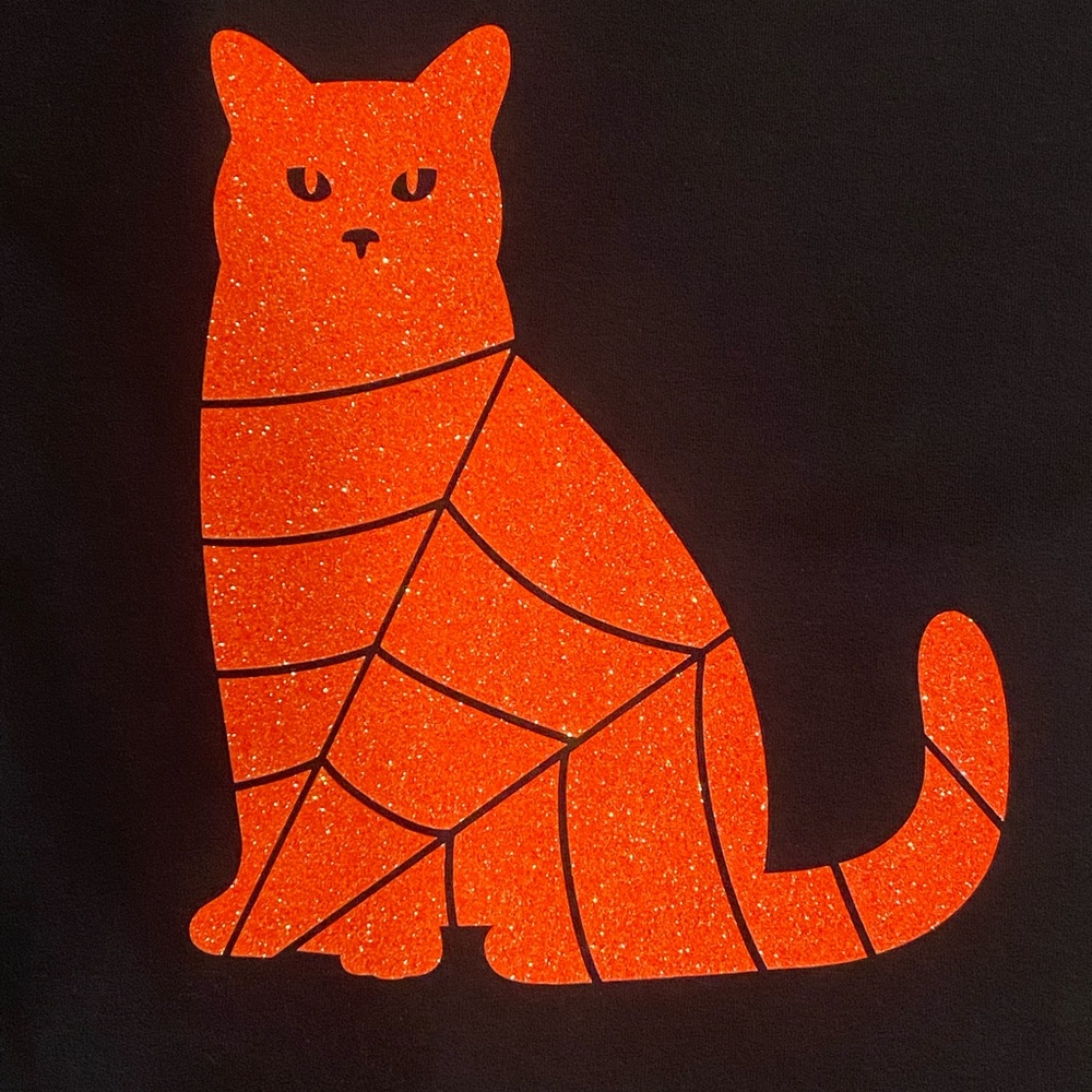 Halloween Cat Tee T-shirt spider web orange glitter black funny graphic small